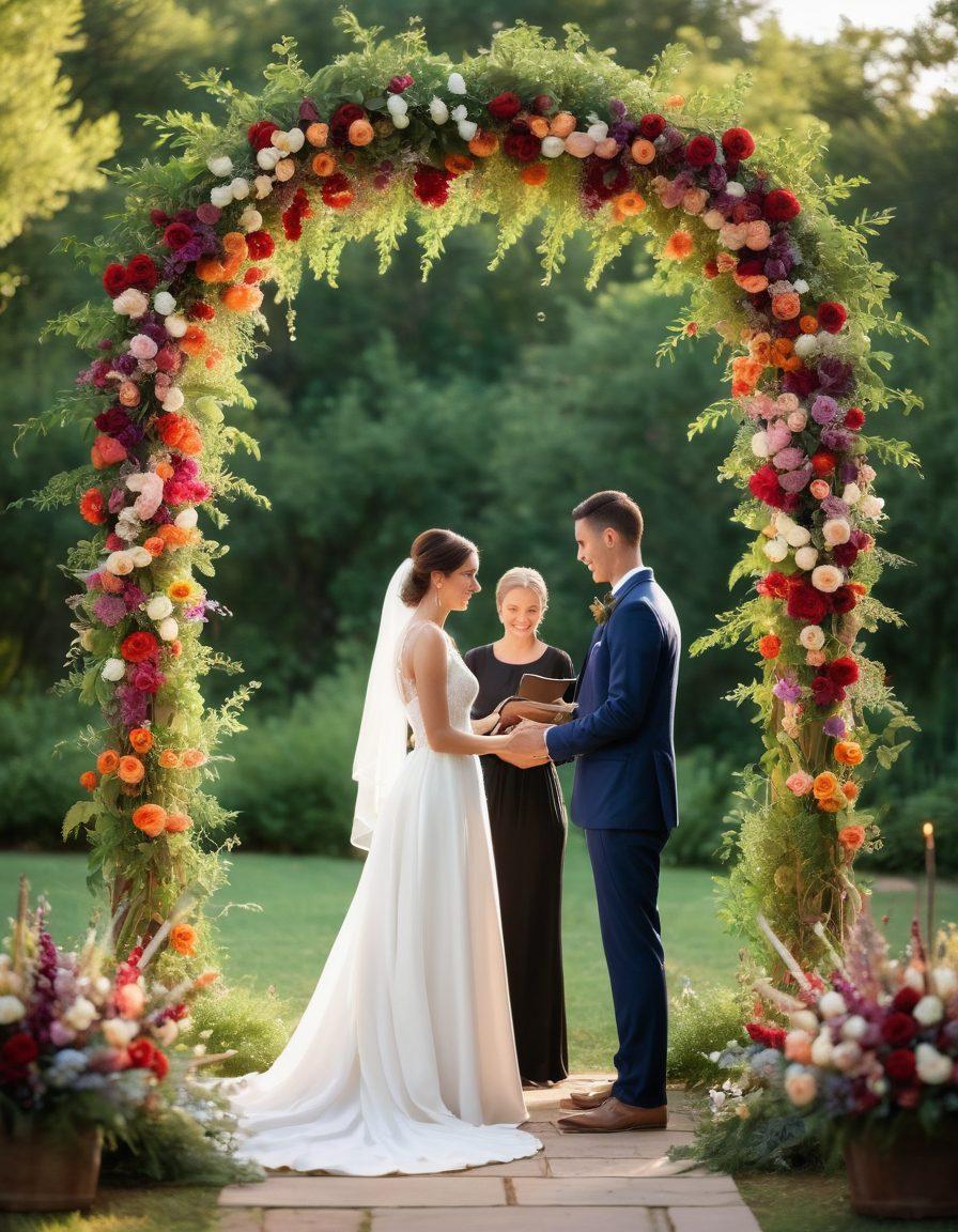 An intimate outdoor wedding scene, with a couple exchanging handmade vows under a floral arch, surrounded by soft, ambient lighting. The atmosphere conveys warmth and joy, featuring family and friends in joyful celebration. Add elements of nature like blooming flowers and gentle breezes, creating a sense of serenity and happiness. This moment encapsulates the essence of love and affirmation. super-realistic. vibrant colors. natural lighting.