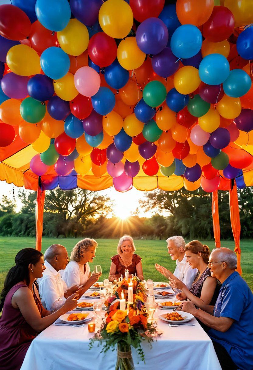 A vibrant gathering of diverse individuals joyfully celebrating a life milestone under a colorful tent, adorned with spiritual symbols and flowers, capturing expressions of love and connection. Bright balloons float overhead while candles flicker softly, creating a warm and inviting atmosphere. In the background, a beautiful sunset enhances the scene, symbolizing the transition of life stages. super-realistic. vibrant colors. 3D.
