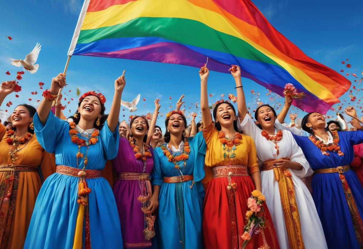 A vibrant scene depicting a diverse group of people celebrating together, adorned in traditional clothing and holding colorful flags. They are engaged in joyful rituals under a bright blue sky, with symbols of faith like doves and candles in the background. The atmosphere is filled with lively music notes floating in the air and decorative flowers surrounding them, symbolizing growth and unity. super-realistic. vibrant colors. festive mood.